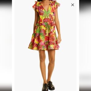 Vibrant Tropical Print Dress FARM Rio - Colorful, Ruffle Sleeve, Beaded